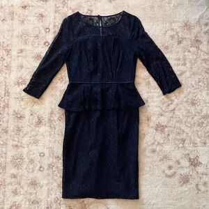Adrianna Papell Navy Lace Peplum Sheath Dress - Three-Quarter Sleeves